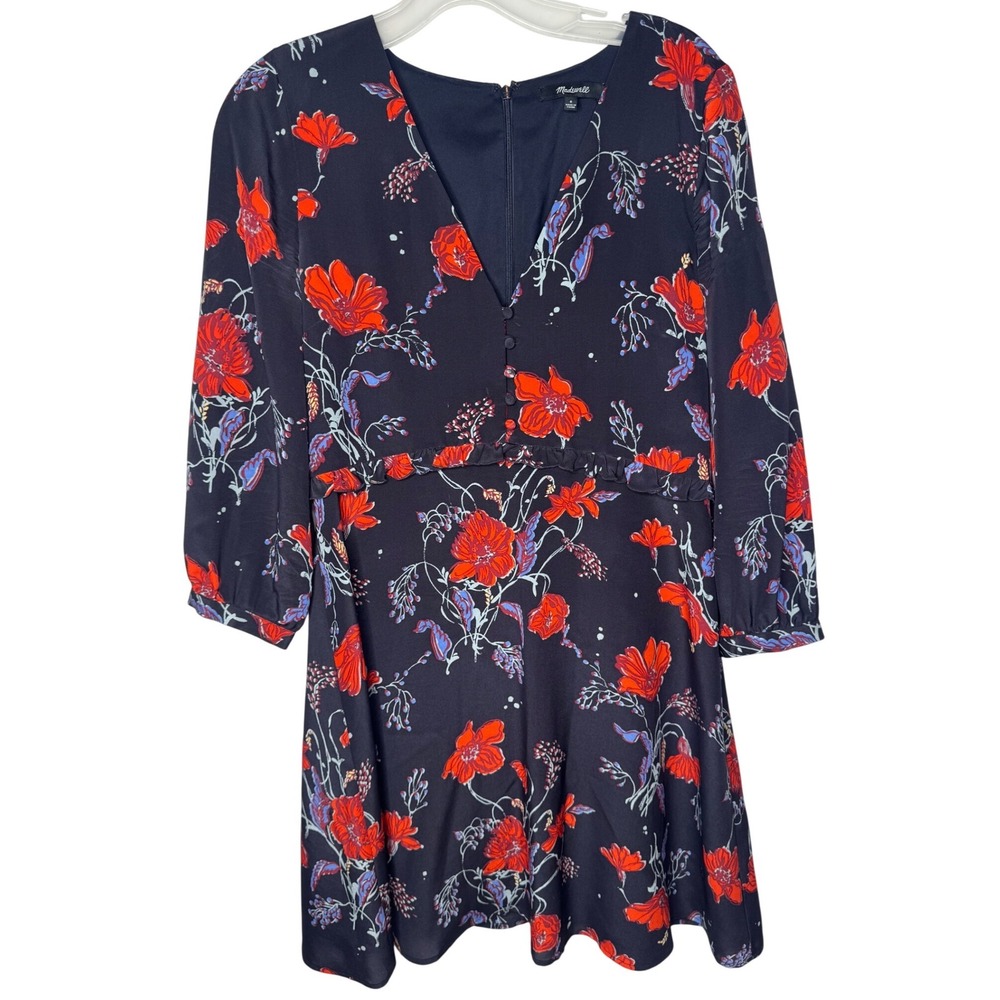 Madewell Silk Floral Mini Dress Navy Red Poppy V-Neck Ruffle AB390 Womens 6